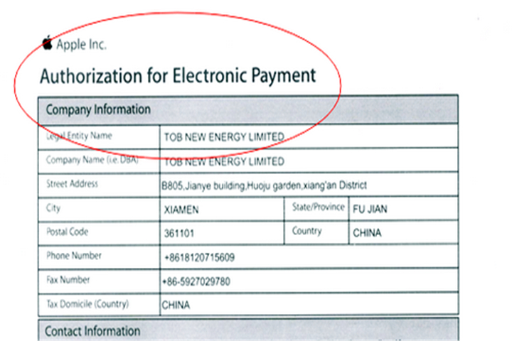 Apple Inc corperation with TOB NEW ENERGY